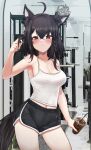  1girl absurdres black_hair braid breasts camisole cup disposable_cup drinking_straw fang fang_out gym gym_shorts highres hololive kurokami_fubuki medium_breasts navel photo_background qualthis red_eyes short_hair shorts side_braid virtual_youtuber 