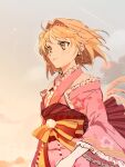  1girl ahoge blonde_hair character_request copyright_request cunonn djeeta_(granblue_fantasy) frilled_kimono frilled_sleeves frills from_side granblue_fantasy hair_intakes japanese_clothes kimono light_blush medium_hair obi parted_lips pink_kimono sash solo wide_sleeves yellow_eyes yukata 