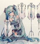  absurdres aqua_eyes aqua_hair aqua_necktie arm_tattoo bare_shoulders birthday blush boots character_name collared_shirt commentary_request detached_sleeves full_body grin hair_between_eyes hatsune_miku hatsune_miku_(append) hatsune_miku_(vocaloid3) hatsune_miku_(vocaloid4) headphones highres holding holding_unworn_clothes kneeling light_particles long_sleeves looking_at_viewer mannequin necktie pleated_skirt reflection sazanami_(ripple1996) shirt skirt sleeveless sleeveless_shirt smile solo tattoo thigh_boots tie_clip twintails unworn_clothes vocaloid vocaloid_append 