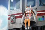  1girl absurdres animal_costume animal_ear_fluff animal_ears blazer character_doll fox_ears fox_girl fox_tail gloves grey_hair ground_vehicle hat highres island_fox_(kemono_friends) itkr_226 jacket kanihai kemono_friends kemono_friends_v_project kneehighs long_hair necktie ribbon skirt socks solo tail train twintails virtual_youtuber yellow_eyes 