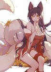  1girl absurdres ahri_(league_of_legends) animal_ears artist_name bangs bare_shoulders black_hair blush breasts cleavage detached_sleeves dress facial_mark flower fox_ears fox_tail grey_background heart highres kumiho large_breasts league_of_legends long_hair looking_at_viewer multiple_tails orange_flower parted_lips red_dress ruan_chen_yue sitting solo tail teeth whisker_markings 