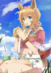  1girl animal_ears bare_legs bare_shoulders blue_eyes blue_sky braid breasts burger cleavage cloud commentary_request crop_top cup day disposable_cup eating food hairband highres holding holding_food horse_ears long_hair looking_at_viewer midriff navel nishiya_(cofffeeenomitai) off-shoulder_shirt off_shoulder orange_hair pink_shirt puffy_short_sleeves puffy_sleeves shirt short_shorts short_sleeves shorts single_braid sitting sky solo stomach suspenders taiki_shuttle_(umamusume) thighs umamusume wariza white_shorts 