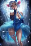  1girl animal_ears bare_shoulders blue_eyes blue_gloves blue_leotard breasts cleavage disney elbow_gloves gem gloves hand_on_own_chin heart leotard looking_at_viewer mouse_ears olchas paid_reward_available patreon_username short_hair signature solo white_hair 