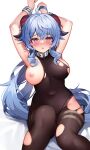  1girl arms_up bangs bare_arms belt_collar blue_hair blush bodystocking bodysuit bound bound_wrists breasts brown_bodysuit collar crossed_bangs cuffs feet_out_of_frame ganyu_(genshin_impact) genshin_impact hair_between_eyes heart heart-shaped_pupils highres horns knee_up large_breasts long_hair looking_at_viewer nipples parted_lips pink_eyes pinki_o64 red_eyes simple_background sitting solo symbol-shaped_pupils torn_bodysuit torn_clothes torn_legwear very_long_hair white_background white_collar 