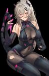  1girl bangs bare_shoulders black_bodysuit black_gloves blush bodysuit breasts chela77 covered_navel elbow_gloves glasses gloves grey_bodysuit grey_hair highres indie_virtual_youtuber large_breasts long_hair looking_at_viewer mechanical_tail partially_fingerless_gloves ponytail red_eyes saruei_(vtuber) scar scar_across_eye smile solo tail virtual_youtuber 