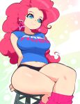  1girl aetherion big_hair black_panties blue_eyes blue_shirt breasts closed_mouth clothes_writing earrings english_text feet_out_of_frame free_hugs highres jewelry large_breasts leg_warmers long_hair midriff_peek my_little_pony navel panties personification photo-referenced pink_footwear pink_hair pinkie_pie shirt sitting smile star_(symbol) star_earrings stool thighs underwear 
