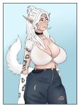  absurd_res anthro belly big_breasts big_butt blue_eyes blush bottomwear breasts butt choker clothed clothing collar curvy_figure denim denim_clothing elf felid female fluffy fluffy_tail freckles fur fur_pattern guiltyskull_(artist) hair hi_res huge_breasts huge_butt humanoid humanoid_pointy_ears hybrid jeans jewelry long_ears long_hair mammal multicolored_body multicolored_fur navel necklace pantherine pants scar simple_background smile solo solo_focus thick_thighs tight_clothing topwear translucent translucent_clothing white_body white_fur white_hair wide_hips 