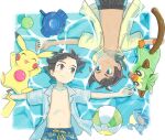  2boys afloat alternate_costume ash_ketchum ball bangs beachball blue_eyes blush buttons closed_mouth collarbone from_above goh_(pokemon) grookey highres jacket lapras male_focus male_swimwear minato_(mntnm) multiple_boys navel open_clothes open_shirt pikachu pokemon pokemon_(anime) pokemon_(creature) pokemon_journeys shirt short_hair short_sleeves smile split_mouth themed_object yellow_jacket zipper 