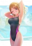  1girl ;d armpits arms_up blurry blurry_background breasts brown_hair covered_navel grin highres idolmaster idolmaster_shiny_colors izumi_mei large_breasts lens_flare looking_at_viewer one-piece_swimsuit one_eye_closed pool rio_(usagiya) simple_background smile solo sparkle swimsuit wet wet_hair 