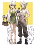  2girls 2others absurdres alternate_costume alternate_hairstyle animal_ears arknights bag bangs bare_arms bare_legs bare_shoulders black_choker black_footwear boots breasts camera cat_ears cellphone chinese_commentary choker cleavage commentary_request doctor_(arknights) dress dual_persona full_body green_dress green_eyes grey_pants half_updo hand_on_hip hand_up handbag high_heels highres holding holding_camera holding_phone jacket kal&#039;tsit_(arknights) long_sleeves looking_at_viewer medium_breasts medium_hair multiple_girls multiple_others off_shoulder open_clothes open_jacket oripathy_lesion_(arknights) pants phone short_dress short_hair sleeveless sleeveless_dress smartphone spaghetti_strap standing tabayashi tank_top thighs white_hair white_jacket white_tank_top 