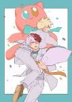  2boys alternate_costume aqua_border aqua_bow bakugou_katsuki blue_eyes boku_no_hero_academia bouquet bow bowtie brown_footwear burn_scar carrying_over_shoulder confetti formal grey_jacket grey_pants grey_suit happy heterochromia highres holding holding_bouquet holding_stuffed_toy husband_and_husband jacket jewelry long_hair long_sleeves male_focus multicolored_hair multiple_boys open_mouth outside_border oversized_object pants red_eyes red_hair ring scar scar_on_face short_hair simple_background smile spiked_hair split-color_hair standing stuffed_animal stuffed_cat stuffed_toy suit suit_jacket todoroki_shouto two-tone_hair white_background white_hair yaoi yasasisa_1018 