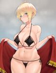  1girl ahoge armpit_crease ass_visible_through_thighs bare_shoulders blonde_hair blue_eyes cameltoe collarbone covered_nipples female_pubic_hair hair_between_eyes hato_yu-ki highres holding huge_ahoge looking_at_viewer navel original parted_lips pubic_hair pubic_hair_peek shiny shiny_skin short_hair skindentation solo steam steaming_body twitter_username 