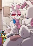  2022 anthro bathroom bow_tie breasts brush buckteeth butt centinel303 female five_nights_at_freddy&#039;s five_nights_at_freddy&#039;s:_security_breach lagomorph leporid mammal mirror nipples pink_body rabbit red_sclera reflection scottgames smile solo stitch_(sewing) teeth toothbrush vanny_(fnaf) video_games whiskers white_body 