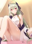  1girl ahoge aqua_hair arm_up bangs bare_legs black_choker black_ribbon blush breasts choker closed_mouth collarbone dated feet_out_of_frame girls&#039;_frontline hair_ribbon hand_grab hand_in_own_hair highres large_breasts legs long_hair looking_at_viewer ltlx_7000_(girls&#039;_frontline) ltlx_7000_(night-tide_invitation)_(girls&#039;_frontline) mole mole_on_thigh official_alternate_costume red_eyes ribbon sarasa_(kanbi) simple_background sitting solo swimsuit thighs white_swimsuit 