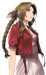  1girl aerith_gainsborough arms_at_sides bow braid brown_hair dress enami_katsumi final_fantasy final_fantasy_vii from_below from_side green_eyes hair_bow highres jacket lips parted_lips pink_bow pink_dress red_jacket sidelocks solo white_background 