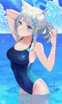  1girl animal_ears arm_up armpits blue_archive blue_eyes breasts competition_swimsuit hair_ornament hairclip halo highres medium_breasts one-piece_swimsuit ponytail prock shiroko_(blue_archive) shiroko_(swimsuit)_(blue_archive) solo swimsuit 
