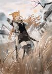  1girl :d absurdres animal_ears arknights bangs belt belt_buckle bird black_shorts black_vest blonde_hair blush branch breasts buckle building closed_eyes covered_navel crossbow day facing_viewer greyscale highres holding holding_weapon kroos_(arknights) kroos_the_keen_glint_(arknights) long_hair long_sleeves medium_breasts monochrome natsuba002 open_mouth outdoors quiver rabbit_ears shirt short_shorts shorts smile solo sun thigh_strap thighhighs very_long_hair vest weapon wheat white_shirt 