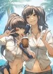  2girls au_ra bangs black_eyes black_hair breasts bubble_tea cleavage double_v drinking eyeliner final_fantasy final_fantasy_xiv grin hide_(hideout) highres horns jewelry looking_at_viewer makeup midriff multiple_girls navel necklace palm_tree ponytail scales smile tree v yellow_eyes 