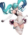  1girl bangs blue_eyes blue_hair breasts closed_mouth elbow_gloves floating_hair full_body gloves hair_between_eyes hairband hatsune_miku jumping leotard long_hair looking_at_viewer medium_breasts racing_miku racing_miku_(2014) shiny shiny_hair simple_background single_thighhigh smile solo thigh_gap thighhighs twintails very_long_hair viktorf vocaloid white_background white_gloves white_hairband white_leotard white_thighhighs 