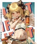  1girl :d arknights bangs bare_arms bare_shoulders bikini blonde_hair breasts c-ji_yingxiong_beizi chinese_commentary commentary_request horns ifrit_(arknights) ifrit_(sunburn)_(arknights) looking_at_viewer low_twintails navel open_mouth oripathy_lesion_(arknights) short_hair small_breasts smile solo stomach swimsuit twintails upper_body white_bikini yellow_eyes 