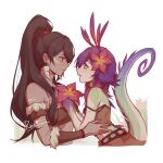  2girls absurdres artist_name bangs bare_shoulders brown_hair brown_shirt closed_mouth dark-skinned_female dark_skin earrings facepaint flower frills green_eyes hair_flower hair_ornament hair_tie high_ponytail highres holding holding_flower jewelry league_of_legends lizard_tail long_hair looking_at_another monster_girl multicolored_hair multiple_girls neeko_(league_of_legends) nidalee open_mouth purple_hair ruan_chen_yue shirt tail tail_through_clothes tribal yuri 