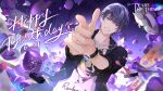  1boy :d bang_(gesture) bangs black_jacket brush dog_tags dress earrings finger_gun grin happy_birthday jacket jewelry looking_at_viewer marius_von_hagen_(tears_of_themis) necklace official_art open_mouth palette_(object) pointing pointing_at_viewer purple_dress purple_eyes shirt short_hair sleeves_rolled_up smile solo tears_of_themis teeth watch white_shirt wristwatch 