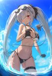  1girl absurdres bikini black_bikini black_gloves blue_archive blush breasts choker dark-skinned_female dark_skin demon_tail eyewear_on_head gloves grey_hair hair_over_one_eye hair_ribbon halo highres iori_(blue_archive) iori_(swimsuit)_(blue_archive) large_breasts long_hair looking_at_viewer navel official_alternate_costume pointy_ears red_eyes revision ribbon side-tie_bikini solo sunglasses swimsuit tail thigh_strap three_twosix twintails very_long_hair wading 