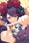  1girl bangs blue_eyes blush breasts fate/grand_order fate_(series) hair_ornament hairpin japanese_clothes katsushika_hokusai_(fate) kibou kimono large_breasts long_sleeves looking_at_viewer octopus purple_hair purple_kimono red_kimono sash short_hair smile tokitarou_(fate) wide_sleeves 