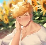  1boy bangs blonde_hair blush breasts cleavage closed_eyes closed_mouth day flower granblue_fantasy hand_on_another&#039;s_head higashigunkan large_pectorals male_focus muscular muscular_male outdoors pectorals shirt solo_focus sunflower upper_body vane_(granblue_fantasy) white_shirt 