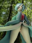  3d_(artwork) anthro anus blender_(software) breasts butt clothed clothed/nude clothing digital_media_(artwork) female forest gardevoir genitals hi_res hiddenmask18 lidded_eyes looking_at_viewer looking_back nintendo nude plant pok&eacute;mon pok&eacute;mon_(species) pussy rear_view shiny_pok&eacute;mon solo tree video_games 