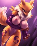  2022 3_fingers anthro bandai_namco breasts digimon digimon_(species) dipstick_tail featureless_crotch female fennyfart fingers fur hi_res holding_breast markings multicolored_body multicolored_fur neck_tuft nipples renamon solo tail_markings tuft two_tone_body two_tone_fur white_body white_fur yellow_body yellow_fur 