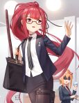  2girls arm_up bag bangs black_necktie black_skirt black_thighhighs blue_jacket cz75_(cz75_does_not_work_overtime)_(girls&#039;_frontline) cz75_(girls&#039;_frontline) dated eyewear_on_head feet_out_of_frame floppy_disk formal girls&#039;_frontline hair_ornament hairclip highres holding holding_bag jacket kalina_(girls&#039;_frontline) long_hair long_sleeves looking_away multiple_girls nail_polish necktie office_lady official_alternate_costume open_clothes open_jacket open_mouth orange_hair pink_nails ponytail red_eyes red_hair red_necktie sarasa_(kanbi) shirt simple_background skirt standing thighhighs white_shirt 