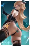  1girl ass black_gloves blonde_hair choker cross cross_earrings crown earrings elbow_gloves gloves green_eyes hair_over_one_eye holding jewelry latex latex_gloves long_hair looking_at_viewer nintendo olchas paid_reward_available patreon_username rosalina signature solo star_(symbol) 
