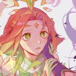  2girls absurdres artist_name bangs bare_shoulders blush closed_mouth dress gloves green_eyes green_hair grey_background hand_on_another&#039;s_cheek hand_on_another&#039;s_face hands_up highres league_of_legends medium_hair multiple_girls neeko_(league_of_legends) parted_bangs purple_gloves red_hair ruan_chen_yue shiny shiny_hair solo_focus star_guardian_neeko watermark wings 