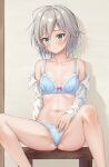  1girl absurdres anastasia_(idolmaster) bare_legs blue_bra blue_panties blush bra ca_paria cameltoe collarbone feet_out_of_frame grey_hair highres idolmaster idolmaster_cinderella_girls looking_ahead navel no_pants open_clothes open_shirt panties ribbon-trimmed_bra ribbon-trimmed_panties shirt short_hair sitting solo spread_legs stomach underwear white_shirt 
