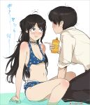  1boy 1girl absurdres bikini black_hair black_pants blue_bikini blue_eyes blush breasts choker cleavage commentary constricted_pupils dated floral_print hetero highres idolmaster idolmaster_shiny_colors layered_bikini long_hair lotion lotion_bottle mitsumine_yuika navel nervous open_mouth pants producer_(idolmaster) shirt signature sitting small_breasts sunscreen swimsuit translated untied_bikini_top white_shirt wide-eyed ywr 
