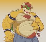  2022 absurd_res anthro armband belly biceps big_belly big_muscles body_hair bottomwear bowser bracelet chest_hair claws clothed clothing denim denim_clothing eyebrows gradient_background hair hand_on_stomach happy_trail hi_res horn jeans jewelry koopa looking_at_viewer male mario_bros musclegut muscular muscular_anthro muscular_male nintendo open_mouth open_smile overweight overweight_anthro overweight_male pants pecs pubes scalie shell signature simple_background smile solo spiked_armband spiked_bracelet spiked_shell spikes spikes_(anatomy) standing tamarindoarts_(artist) teeth tongue topless topless_anthro topless_male video_games yellow_background 