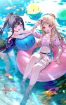  2girls :d afloat arm_up atelier_(series) atelier_resleriana atelier_totori bikini bikini_under_clothes black_hair blonde_hair blue_one-piece_swimsuit bridal_garter brown_hair bukurote cropped_shirt flower full_body hair_flower hair_ornament highres innertube long_hair looking_at_viewer microskirt mimi_houllier_von_schwarzlang multiple_girls navel non-web_source official_art one-piece_swimsuit open_mouth outdoors partially_submerged petals petals_on_liquid pink_shirt ponytail puni_(atelier) purple_eyes shirt sitting skirt smile sunlight swim_ring swimsuit totooria_helmold water wrist_cuffs 