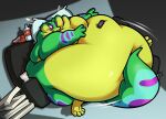  anthro belly beverage big_belly chubby_cheeks clenched_teeth controller dewlap_(anatomy) double_chin food furniture gecko gex_(series) gex_the_gecko green_body green_scales hyper hyper_belly inside lizard male moobs morbidly_obese morbidly_obese_anthro morbidly_obese_male nude obese obese_anthro obese_male one_eye_closed overweight overweight_anthro overweight_male pillow pizza_box purple_stripes remote_control reptile roundwombo scales scalie sitting sofa solo stripes struggling teeth thick_tail video_games wide_hips yellow_body yellow_scales 