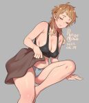  1girl agawa_ryou artist_name bare_shoulders black_tank_top breasts brown_hair cleavage closed_eyes dated english_commentary grey_panties long_hair messy_hair navel original panties signature sitting solo stomach tank_top thighs underwear 
