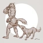  2022 ambiguous_gender anthro bottomwear bottomwear_down butt canid canine canis clothed clothing coppertone_(sunscreen) duo feral hi_res male mammal muscular nipples pants pants_down partially_clothed taran_fiddler topless undressing_another wolf 