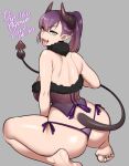  1girl agawa_ryou arm_between_legs artist_name ass back bangs bare_shoulders black_horns breasts bustier dated demon_girl demon_tail english_commentary fang feet from_behind green_eyes high_ponytail horns large_breasts long_hair looking_at_viewer looking_back median_furrow original panties pointy_ears purple_hair purple_panties round_teeth side-tie_panties signature sitting soles solo tail teeth thighs toes tongue tongue_out underwear upper_teeth wariza 