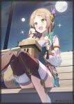  1girl :d akinashi_yuu armlet atelier_(series) atelier_firis atelier_resleriana bag boots border bridal_gauntlets brown_footwear brown_hair commentary_request copyright_notice dango detached_sleeves feet_out_of_frame firis_mistlud food full_moon green_eyes hands_up highres jewelry long_hair moon night night_sky official_art open_mouth outdoors puffy_detached_sleeves puffy_sleeves second-party_source sitting sky smile solo star_(sky) starry_sky thigh_boots tsukimi tsukimi_dango wagashi 