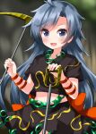  arm_ribbon back_bow black_skirt blue_eyes blue_hair blush bow chain_belt collared_shirt highres himemushi_momoyo holding holding_pickaxe holding_shovel jewelry long_hair looking_at_viewer midriff multiple_rings navel one-hour_drawing_challenge open_mouth orange_ribbon pickaxe ribbon ring ruu_(tksymkw) shirt short_sleeves shovel skirt stomach touhou upper_body very_long_hair waist_bow 