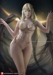  1girl armlet bangs blonde_hair braid breasts circlet elden_ring large_breasts lips long_hair looking_at_viewer navel olesyaspitz queen_marika_the_eternal revealing_clothes solo standing twin_braids very_long_hair web_address yellow_eyes 