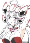  1girl :/ ahoge arm_behind_head armpits bare_shoulders blush bodysuit breasts cleavage grey_hair headgear large_breasts long_hair miyabi_mt-b purple_eyes senki_zesshou_symphogear skin_tight solo twintails twitter_username upper_body white_background yukine_chris 