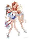  2girls armlet bag bottle brown_eyes brown_hair carimarica character_doll fate/extra fate/extra_ccc fate/grand_order fate_(series) floral_print flower fujimaru_ritsuka_(female) fujimaru_ritsuka_(female)_(tropical_summer) glasses gym_uniform hat highres jewelry kishinami_hakuno_(female) legs long_hair midriff multiple_girls one one-piece_swimsuit orange-tinted_eyewear orange_eyes orange_hair orange_shirt plastic_bag sandals shirt short_hair short_shorts shorts swimsuit tinted_eyewear water_bottle white_flower 