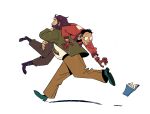  2boys beard black_hair book brown_gloves brown_hair carrying carrying_over_shoulder carrying_person disco_elysium dropping facial_hair full_body glasses gloves green_footwear green_jacket green_necktie harry_du_bois highres jacket kim_kitsuragi male_focus mature_male multiple_boys necktie reaching red_jacket round_eyewear running sebble simple_background white_background 