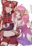  2girls absurdres alternate_costume alternate_hair_color alternate_hairstyle bare_shoulders blush breasts choker closed_eyes elbow_gloves fingerless_gloves flat_chest gloves hair_ornament highres jinx_(league_of_legends) league_of_legends long_hair lux_(league_of_legends) magical_girl multiple_girls navel open_mouth pink_hair pleated_skirt purple_choker purple_skirt red_eyes red_hair red_shorts ruan_chen_yue shorts skirt smile star_(symbol) star_guardian_(league_of_legends) star_guardian_jinx star_guardian_lux thighhighs twintails very_long_hair white_gloves wings 