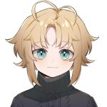  1boy black_sweater blonde_hair blue_eyes blush head_tilt heridy highres looking_at_viewer male_focus matome_(heridy) mole mole_under_eye original short_hair solo sweater turtleneck turtleneck_sweater white_background 